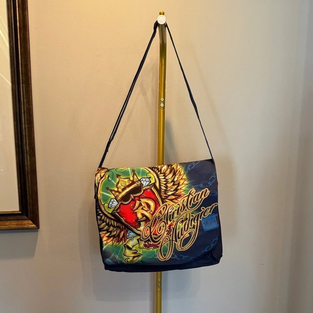 Christian Audigier vintage Y2K Vibrant Graphic Messenger Bag EUC